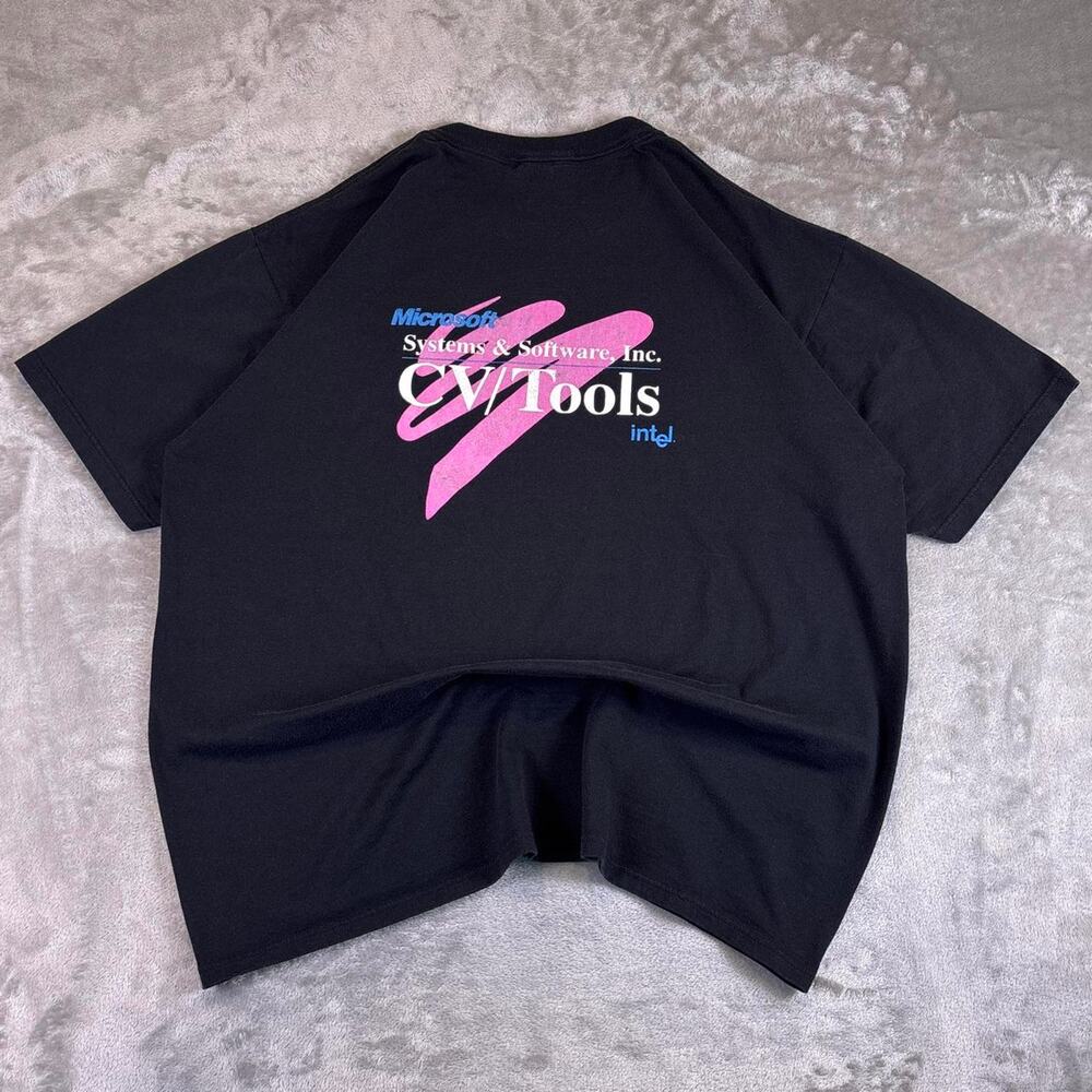 Vintage 90s Microsoft CV/Tools Intel T-Shirt XL Made in USA Jerzees Black
